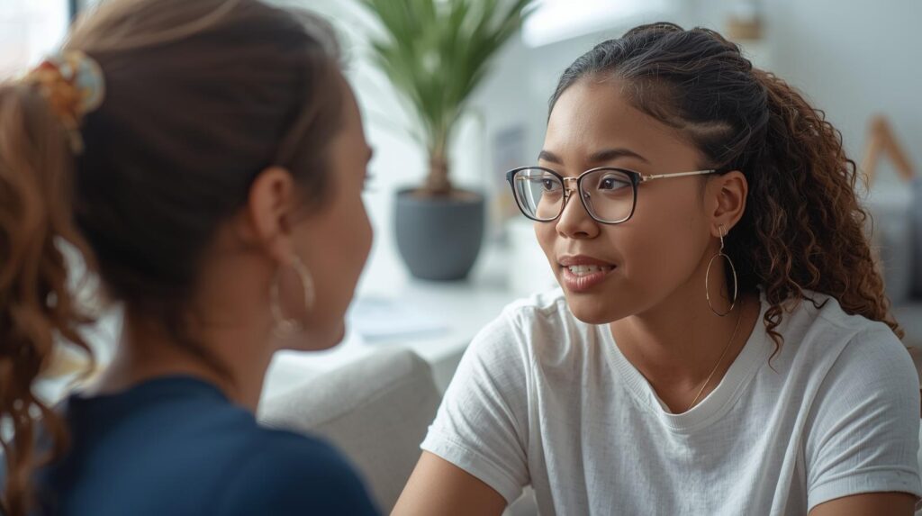 Trauma Informed Care two people. topic trauma and substance use
